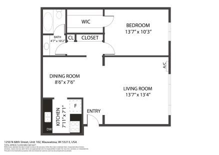 A floor plan of a one bedroom apartment with a living room, dining room, kitchen and bathroom.